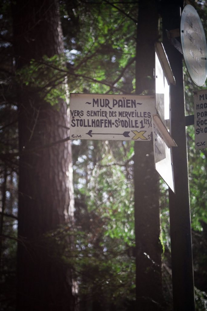Panneau directionnel indiquant le Sentier des Merveilles à côté du Mont Sainte-Odile