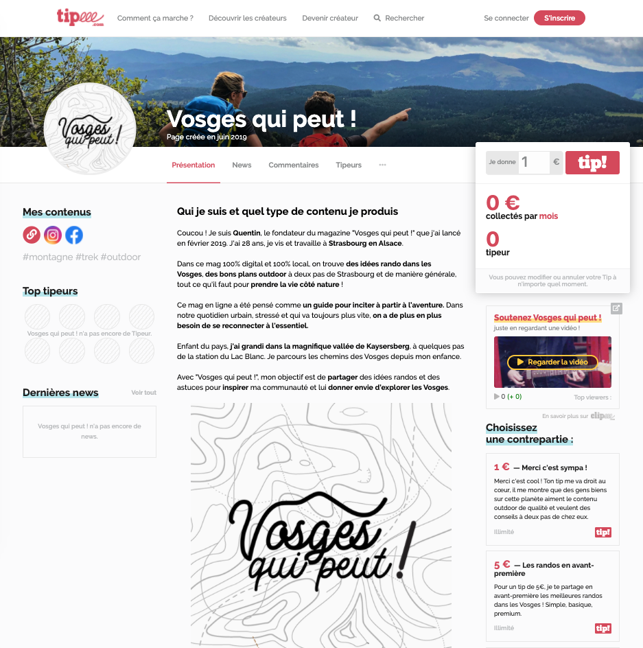 La page Tipeee du blog de montagne Vosges qui peut !