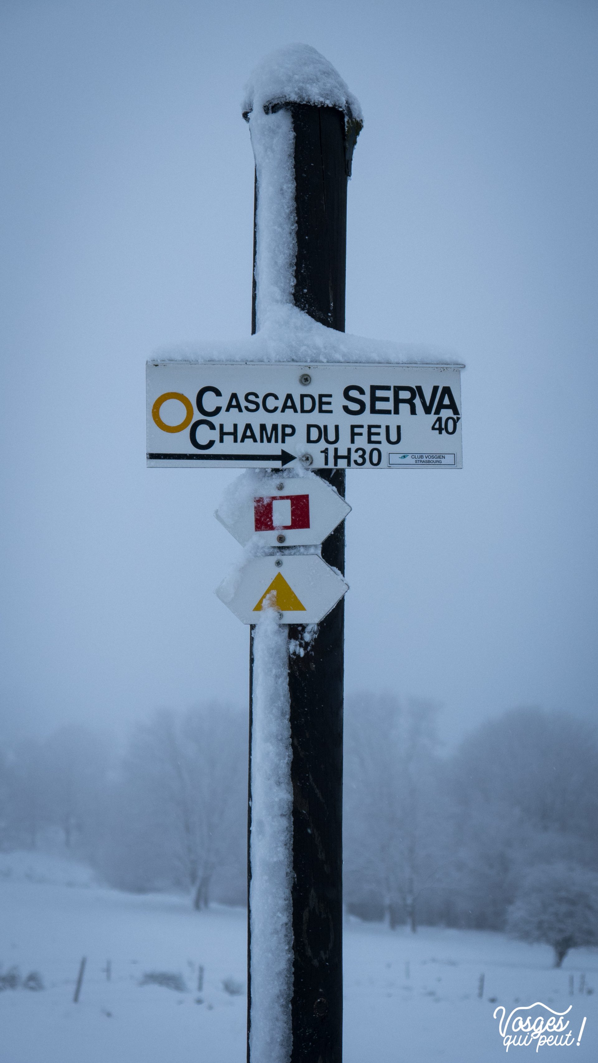 Panneau directionnel du Club Vosgien pendant une rando en raquettes dans les Vosges
