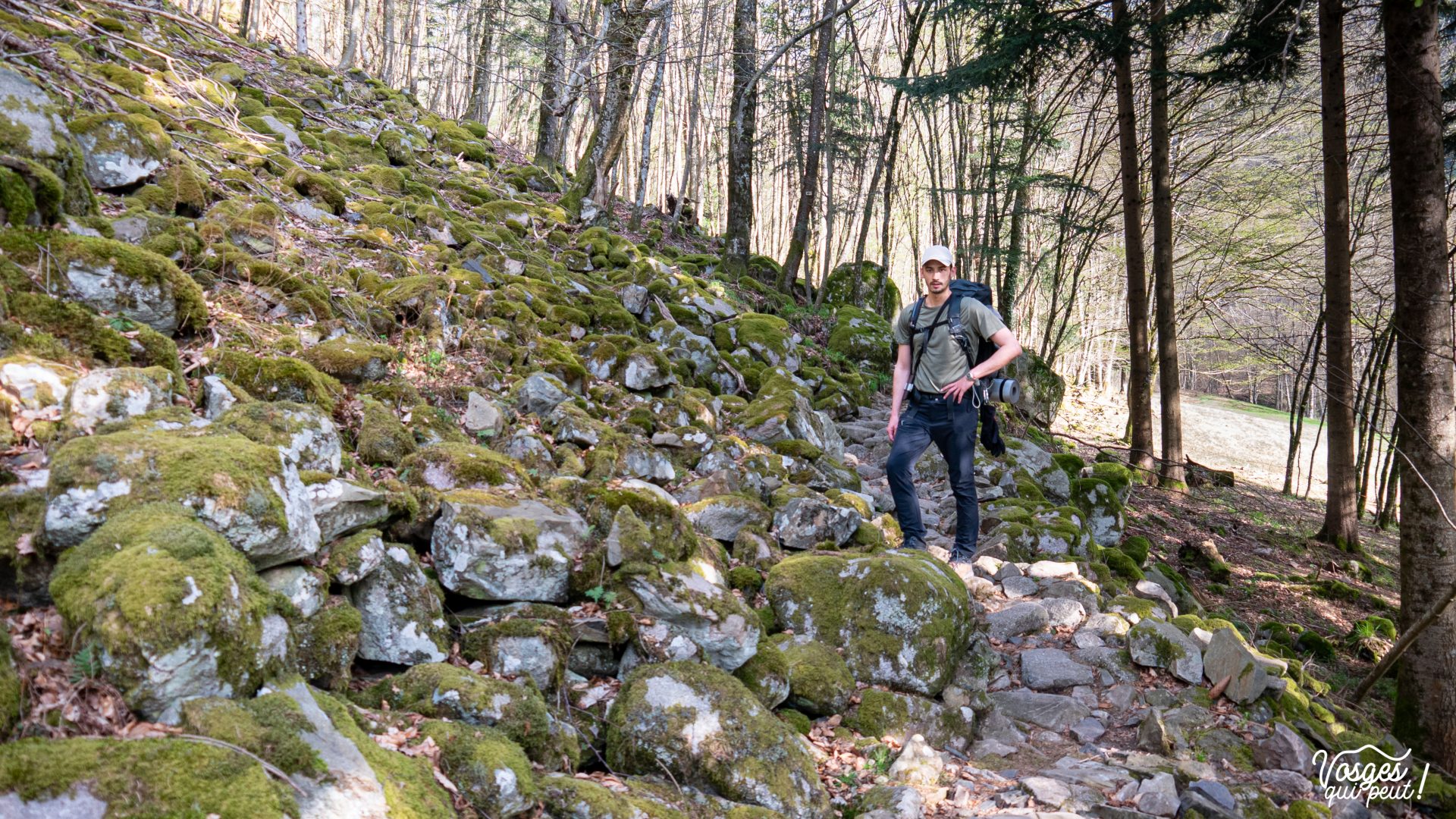 Un randonneur sur une moraine dans la vallée de Munster, Massif des Vosges