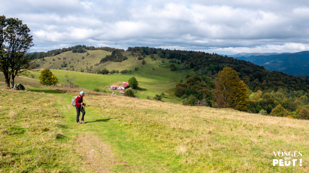 Un randonneur sur un sentier dans les Vosges, la ferme-auberge en arrière-plan