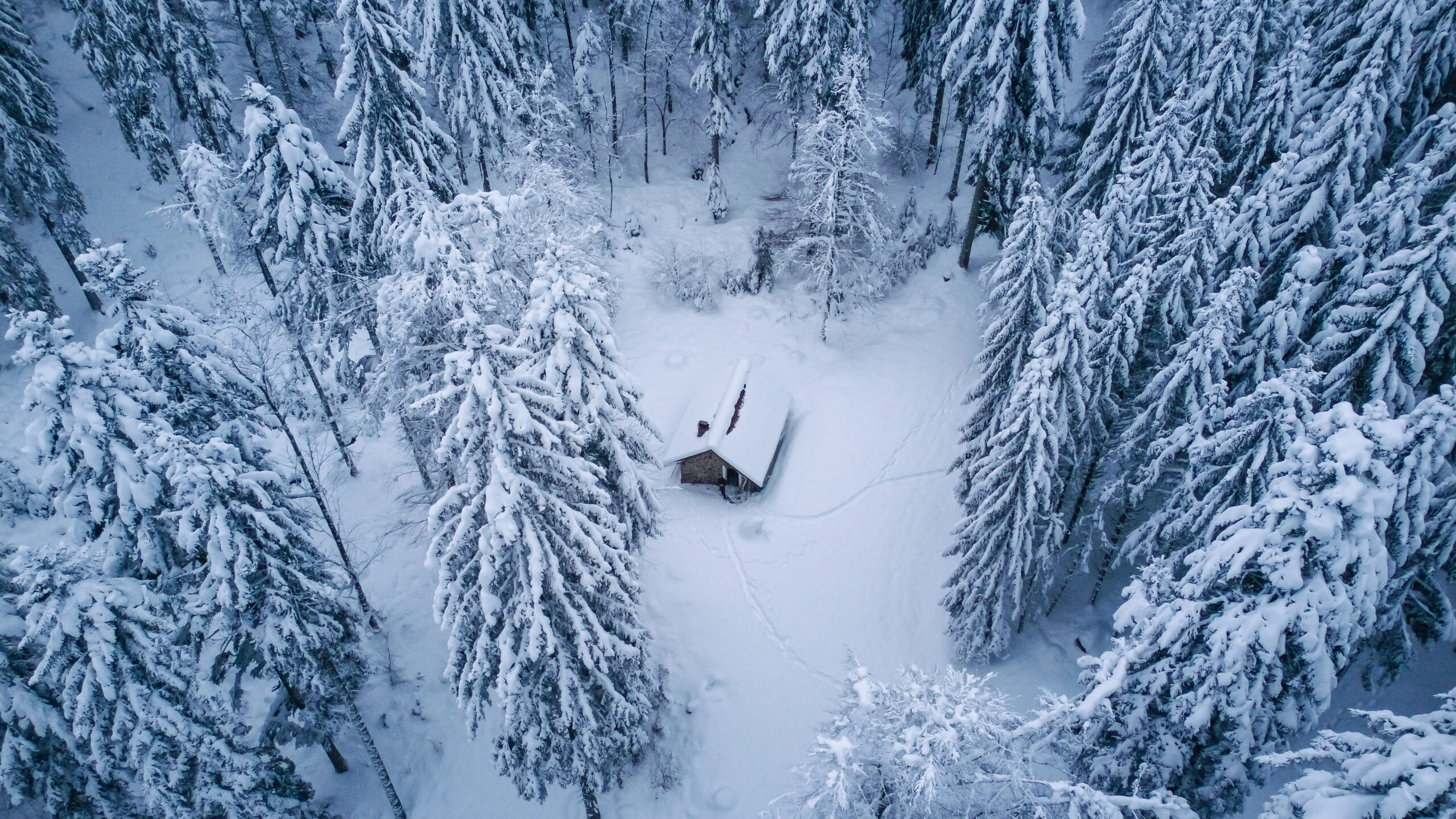 Vue aérienne de la baraque des bœufs sous la neige dans le Massif des Vosges