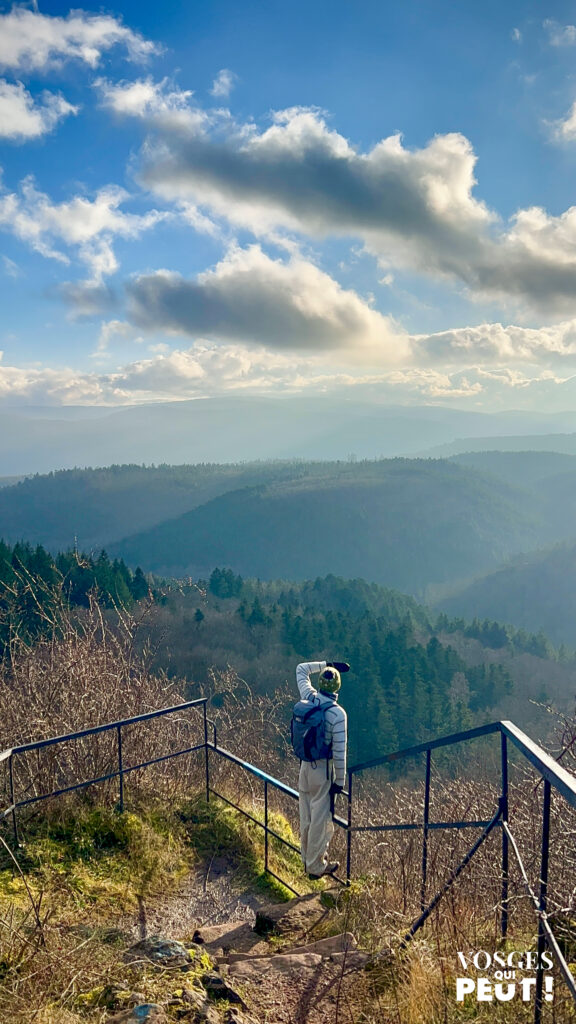 Randonneur devant un panorama du Massif des Vosges