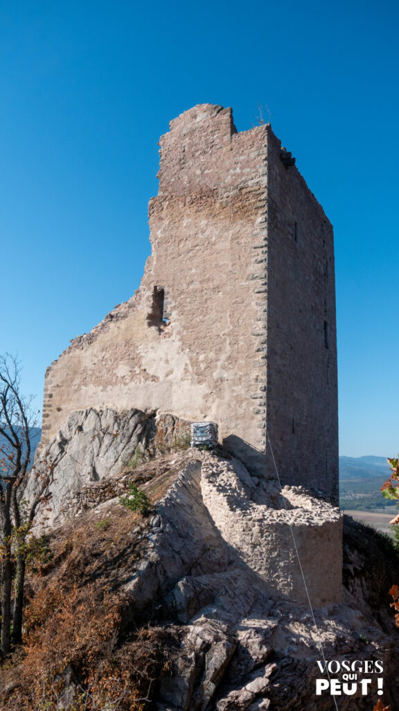 Le château du Ramstein et sa tour en ruine sur un éperon rocheux, à Scherwiller