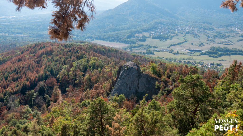 Le rocher du Falkenstein vu depuis le belvédère du Hagelstein, avec la vallée en contrebas